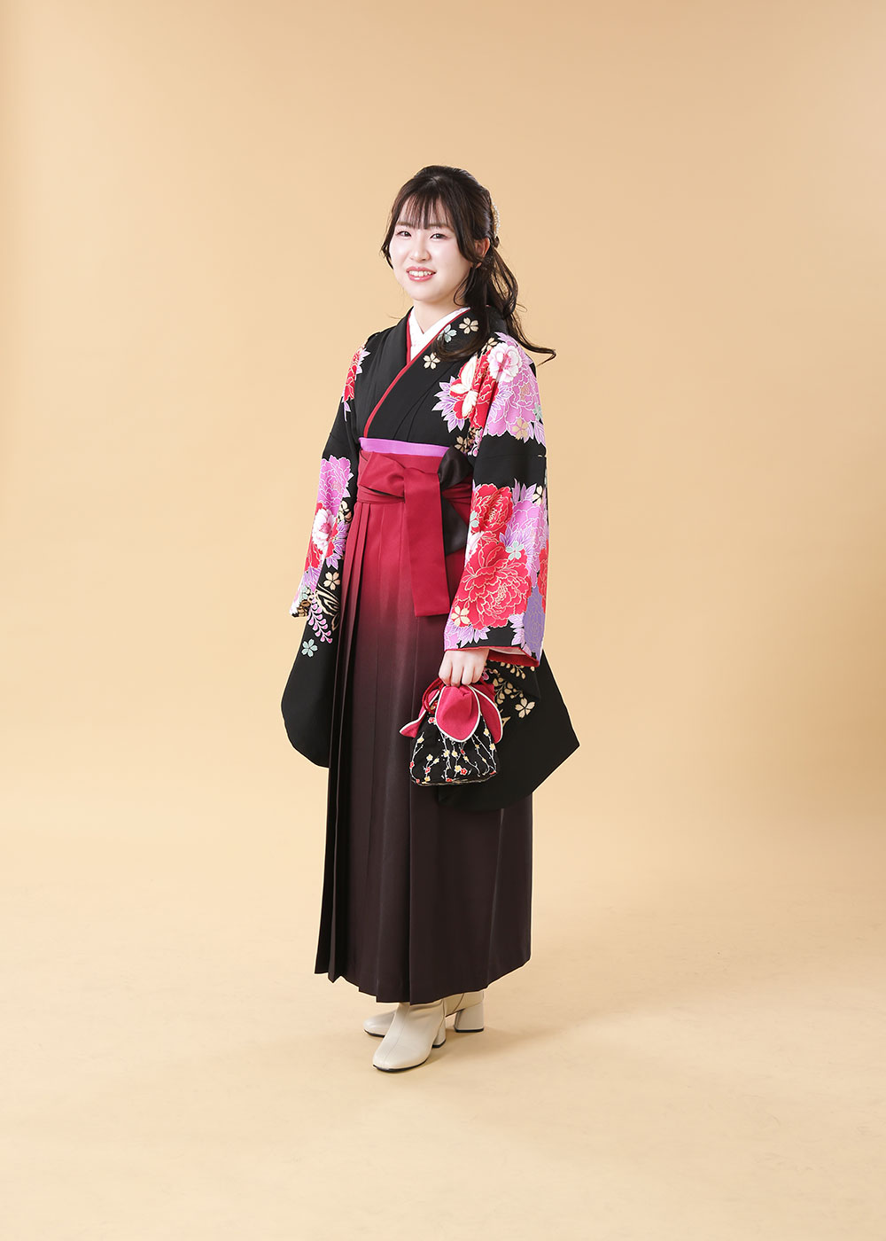 HA-419   黒地赤紫牡丹